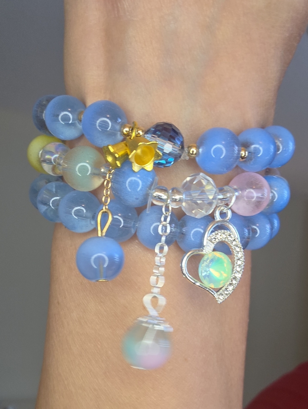 Blue Beaded Charm Bracelet Stack with Opalescent Heart Charm